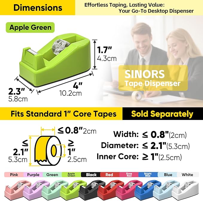Desktop Office Tape Dispenser, Fits Standard 1-Inch Core Tapes, Weighted Non-Slip Base, Sharp Metal Blade, Smooth Cutting, Adhesive Roll Holder for Office, School, Shop, Home & Business - Apple Green