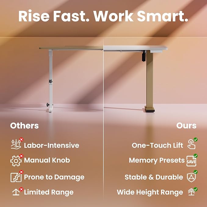 HUANUO 32x19 Inch Small Electric Desk, Adjustable, White & Gold Frame | 176 Lbs Capacity, Rounded Corners, Wheel-Ready Feet, Compact Desktop, Apartment Workspace, 28.3–46.5 Inch Height Range