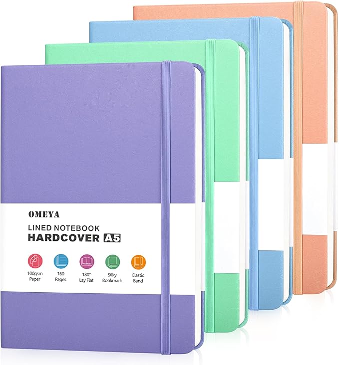 OMEYA 4 Pack Lined Journal Notebooks for Work, Leather Journal for Writing, 100gsm Thick Paper, 5.7"x 8.3", Hardcover Notebook Bulk, A5 Notebooks for School, Office, Notebooks for Notes-taking
