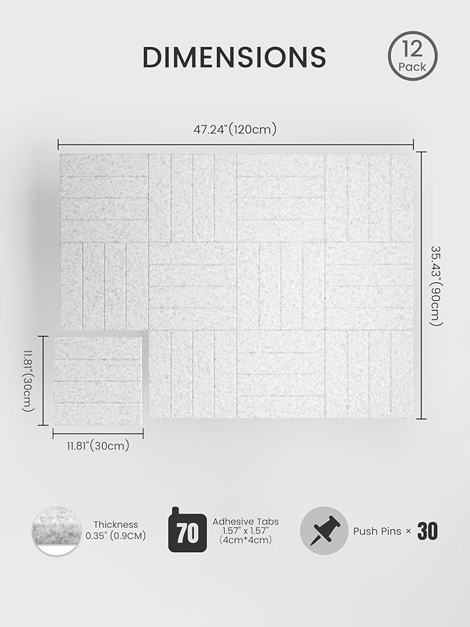 Bumusty Large Cork Board Alternative-48 x 36" Felt Bulletin Board Tiles, with 30 Pushpins, 70 Adhesive Tabs, Slat Wall Paneling, Cork Boards for Office Push Pin Board Felt Board-12 Pack Light Gray