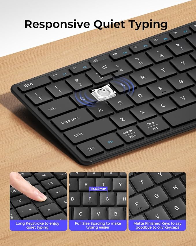 seenda SKM64-3 Wireless Bluetooth Keyboard Mouse Combo for Windows and Mac | USB and dual Bluetooth multi-device switching, quiet, rechargeable, full-size slim set for PC, MacBook, iPad, Black