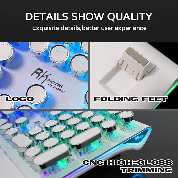 RK ROYAL KLUDGE S108 Typewriter Gaming Keyboard, Retro RGB Mechanical Keyboard, Full Size Wired Keyboards with Number Pad and Detachable Wrist Rest, Round Keycaps, Clicky Blue Switches White