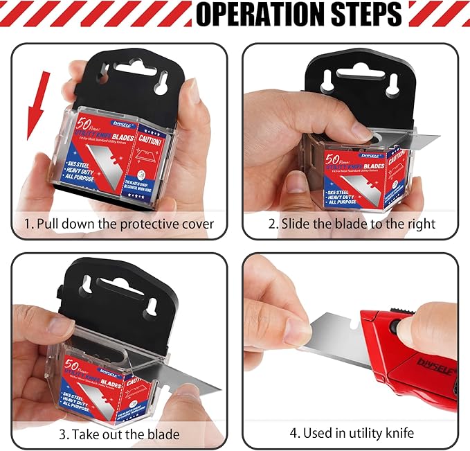 DIYSELF 50 Pack Utility Knife Blades, SK5 Steel Box Cutter Blades with Dispenser, Standard Blades for Box Cutter Utility Knife Replacement, Sharper Utility Blade, Refills | Standard replacement blade refills with dispenser for box cutters and razor kni...