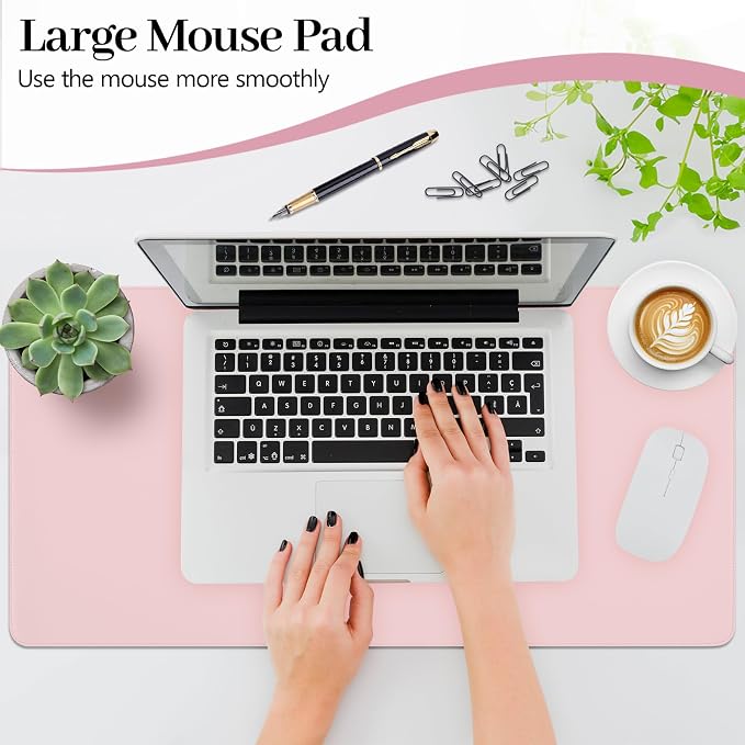 Pink Leather Desk Pad Large Mouse Pad, 23.6"x13.8" | Waterproof Desk Mat for Keyboard and Mouse, Non-Slip Computer Desk Protector, Smooth Mouse Control for Home Office