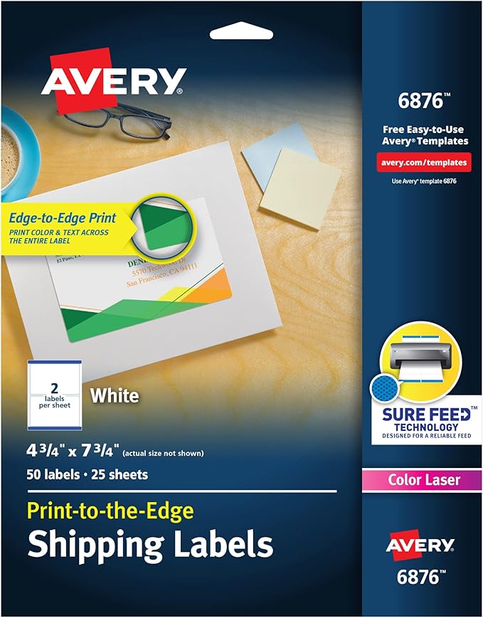Avery Print-to-the-Edge Printable Shipping Labels, 4.75" x 7.75", Matte White, Sure Feed Technology, Laser & Inkjet Compatible, 50 Blank Labels, Great for Mailing, Branding, and More (6876)