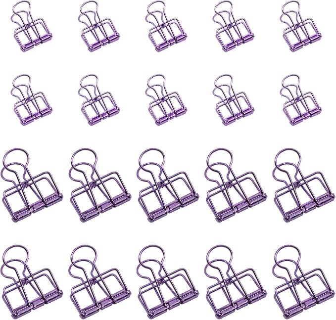 20 Pcs Hollow Out Long Tail Wire Binder Clips, 10 Medium + 10 Small | Purple, Assorted Sizes, Hollow Binder Clamps, Paper Binder Clips for Office School Supplies