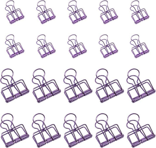 20 Pcs Hollow Out Long Tail Wire Binder Clips, 10 Medium + 10 Small | Purple, Assorted Sizes, Hollow Binder Clamps, Paper Binder Clips for Office School Supplies