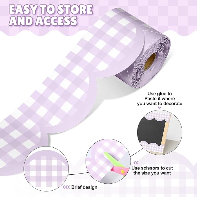 Zonon 65ft Purple Gingham Bulletin Board Border Pastel Scalloped Bulletin Board Trim Back to School Classrooms Decoration for Party Whiteboard, Walls, Desks, Windows, Doors, Lockers