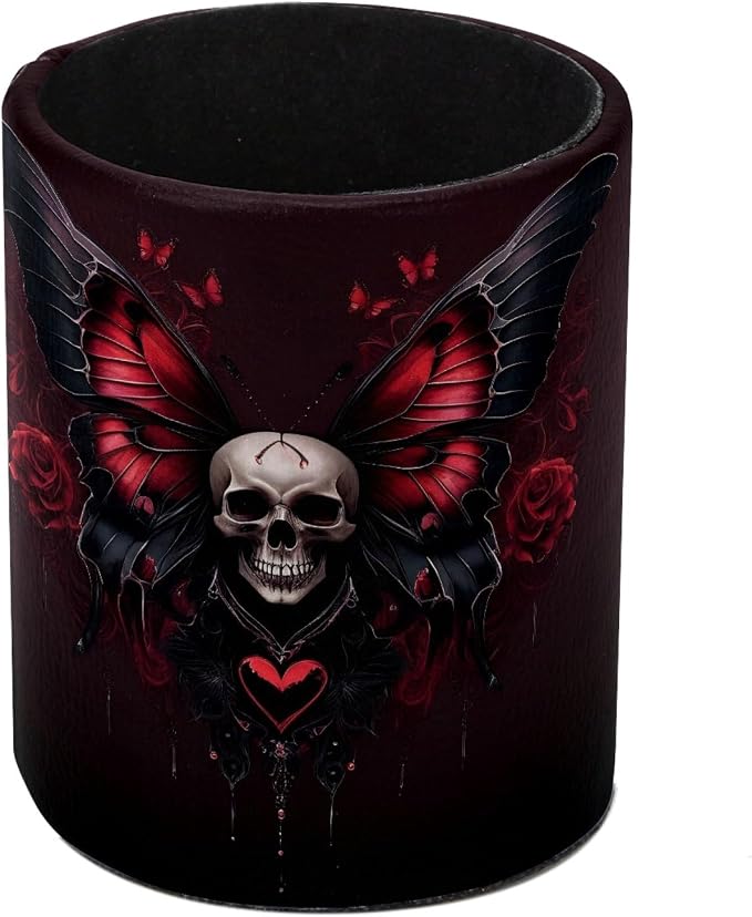 Leather Pen Holder for Desk, Skull Butterfly Pencil Cup Pen Organizer Makeup Brush Holder for Office Home Kids Countertop Desk Accessory Storage