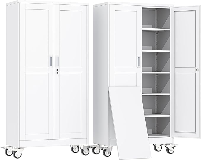 erosoei 74" H Metal Garage Storage Cabinet, Rolling Tool Cabinet with 2 Doors and Wheels, Locker Steel Cabinet with 5 Adjustable Shelves, Organization Cabinet for Garage,Office,Home,Gym,School（White）
