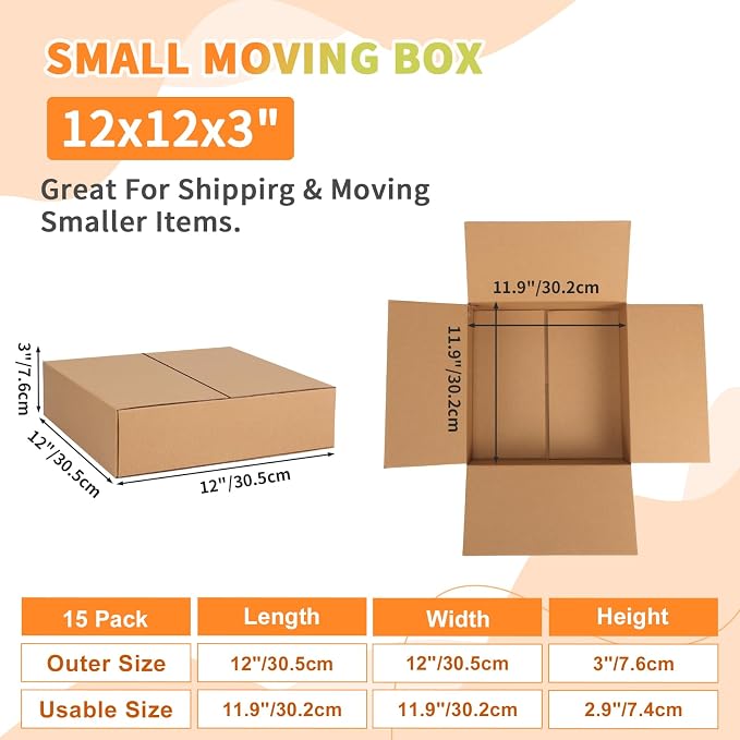 Rempry Brown 12x12x3 Shipping Boxes Set of 15, Corrugated Cardboard Box for Mailing, Packaging Small Business, Kraft Mailer Gift Boxes