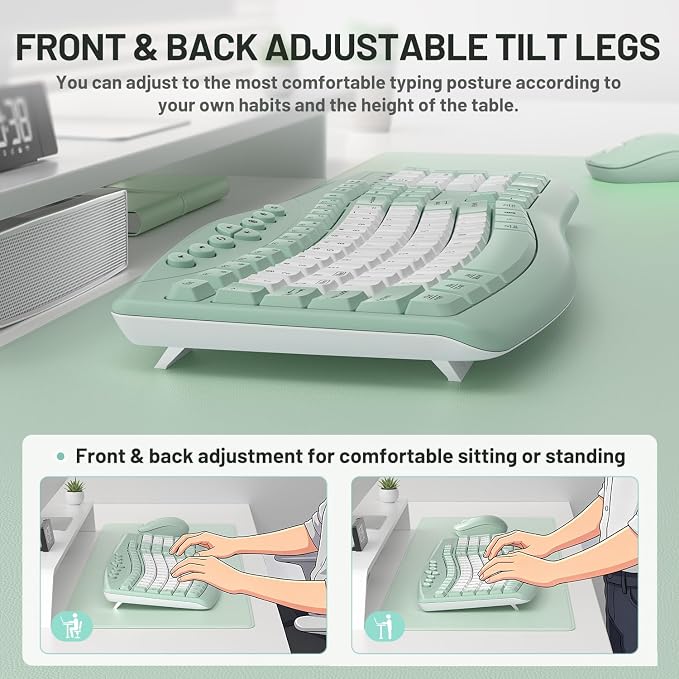 Wireless Keyboard and Mouse Combo Silent Ergonomic Curved Design for Office | 2.4G Full Size Cordless Keyboard with Tilt Legs,3-Level DPI Quite Mouse for Windows,Mac OS/Desktop/Laptop/PC