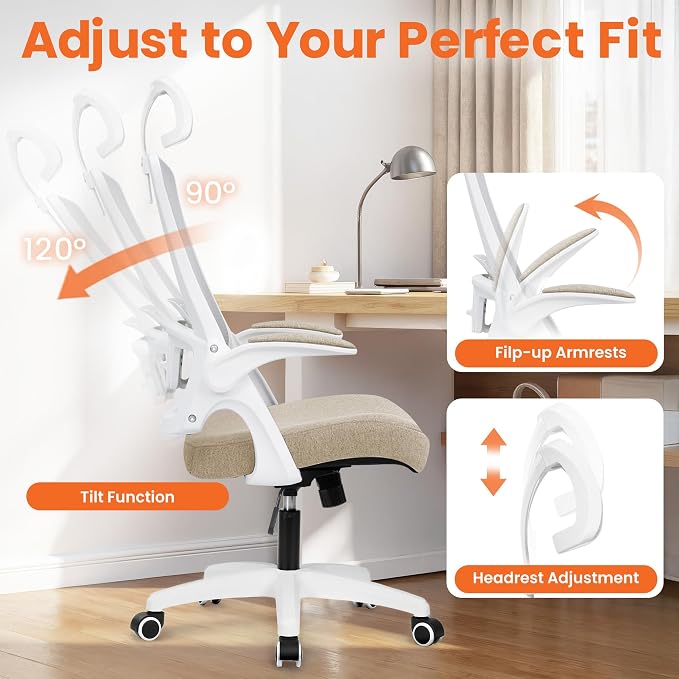 NEO CHAIR Office Desk Chair with Ergonomic High Back Mesh Headrest, Beige | Adjustable Headrest and Lumbar Support with Flip-Up Armrests Designed for Extended Sitting Comfort While Saving Space