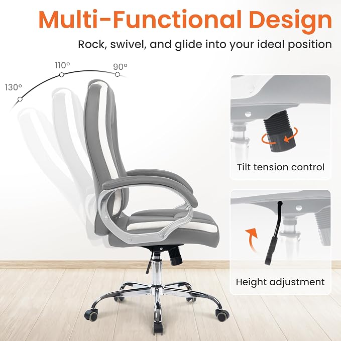 NEO CHAIR Office Desk Chair PU Leather Chair with Lumbar Support, Grey | Ergonomic High Back Executive Computer Chair, Comfortable Padded Fixed Armrests Swivel Chair with Wheels for Office/Home