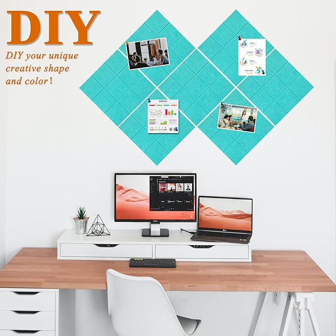 Large Square Felt Cork Board Tiles, Self Adhesive DIY Felt Bulletin Board Pin Board with 35 Pushpins for Office School Home Wall Decor Stickers Memos Photos Display (Teal)