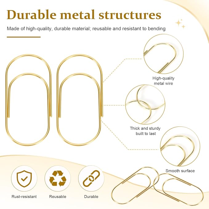20 Pcs Jumbo Paper Clips 2 Inch (50mm), Large Gold Paperclips, Non-Skid Smooth Steel Wire, Oversized Wide Clips for Office School Planner Bookmarks