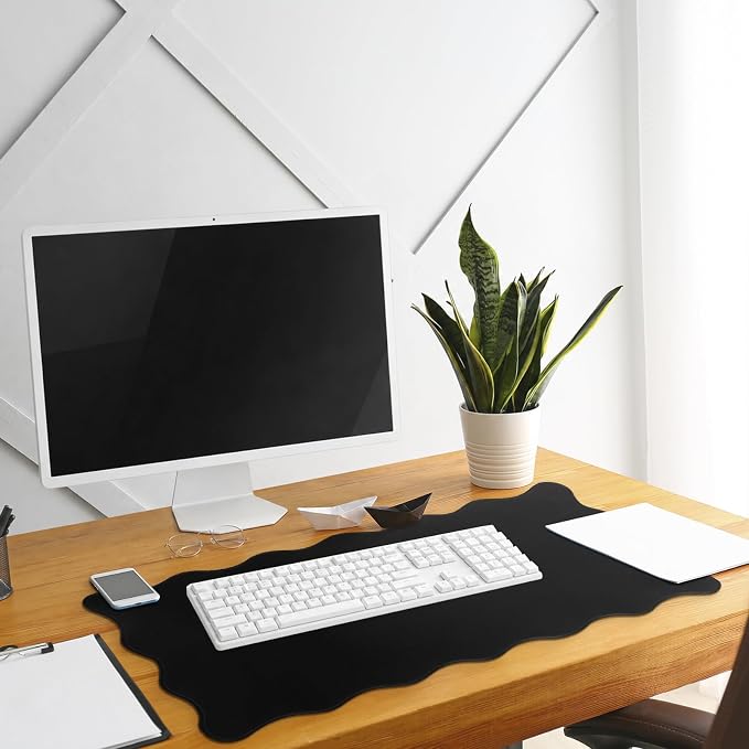 Hahafelt Scalloped Desk Mat Waterproof,Black,31.5 X 15.8 Inches | Coquette Preppy Style for School Office Makeup Vanity, Nonslip Gaming Desktop Protector with Scalloped Stitched Edge Mat