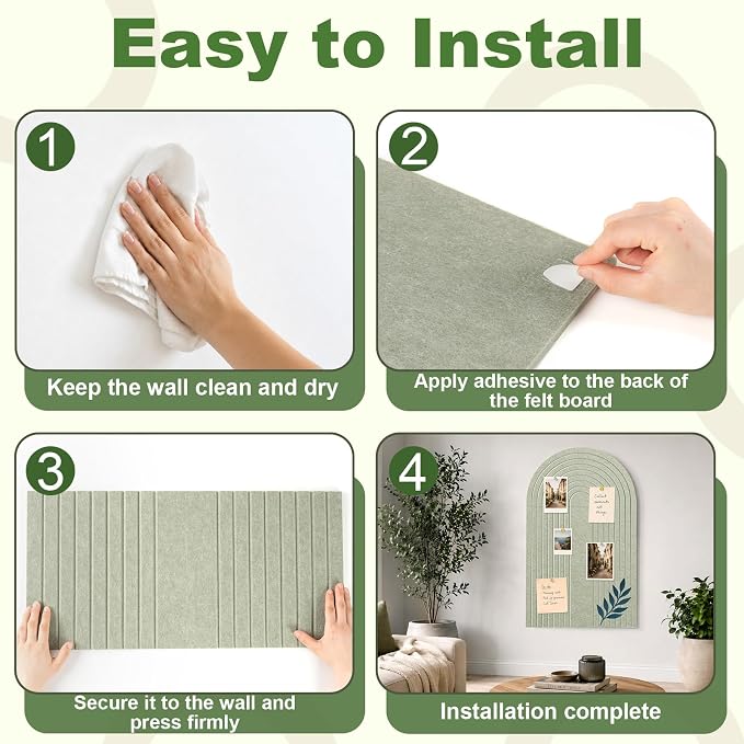 Large Arched Felt Bulletin Board, Sage Green Stylish Sized 36" x 24" Cork Board Alternative with Grooved Pin Board for Office & Wall, 3 Foldable Customizable Adhesive Tiles with Pins for Photo Display