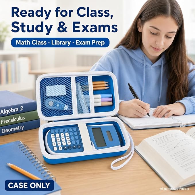 Blue Calculator Case for TI-30XS/TI-30XIIS/TI-30Xa/TI-36X Pro | Hard EVA Shell, Two-Layer Mesh Pockets, Elastic Holder, Wrist Strap, 8.27x 3.94 x 2.36 in, School Exam Carry