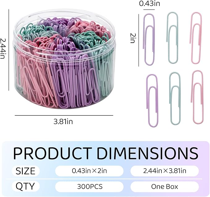 Macaron Colored Paper Clips,Pastel 2 Inches Jumbo Large,300pcs Big Cute Paper Clips for Office Supplies, Durable and Rustproof
