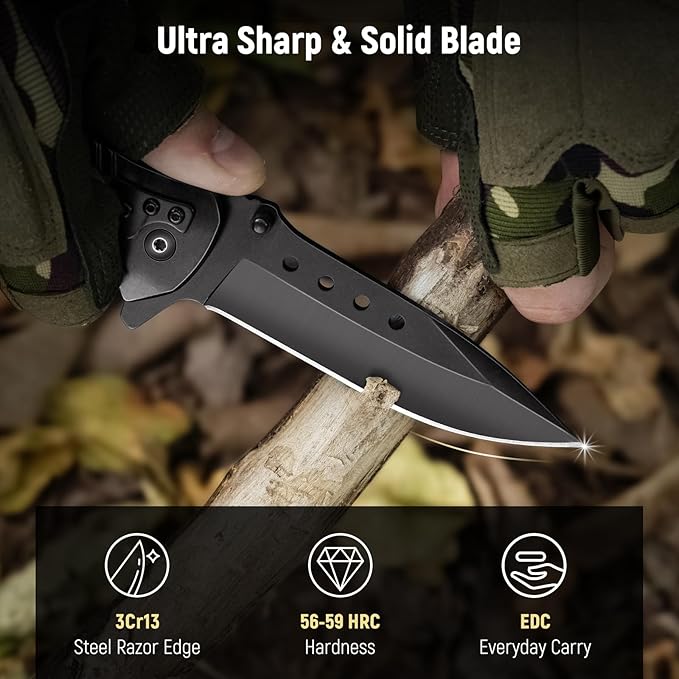 Pocket Knife for Men - Sharp Blade Wood Handle Pocket Folding Knives with Clip, Glass Breaker - EDC Knives for Survival Camping Hunting Fishing Hiking Women, Large, Black