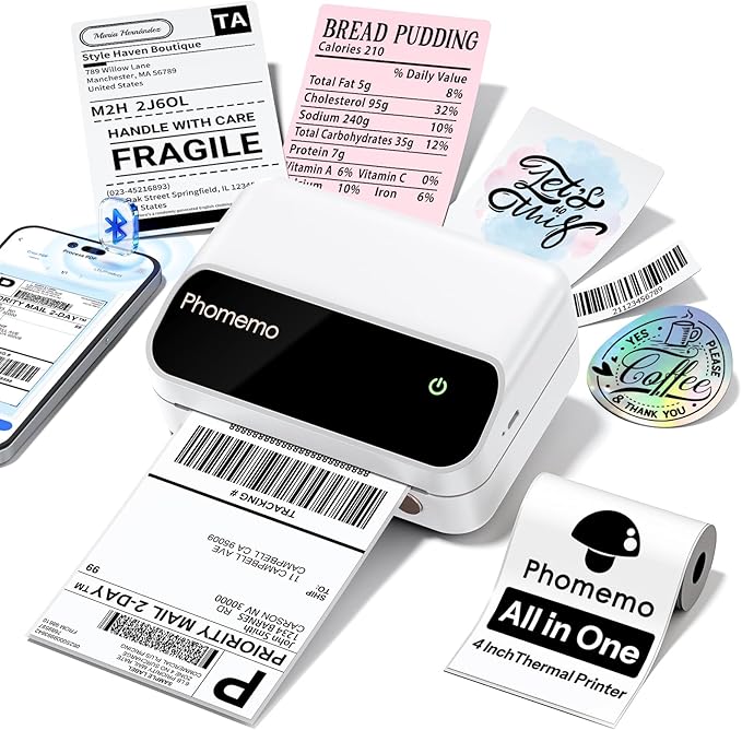 Phomemo Thermal Label Printer, Bluetooth 4x6 Shipping Label Printer for Small Business, Portable Wireless Thermal Printers for Shipping, Barcode, Logo, 4 Inch Label Maker Compatible with Phone & PC