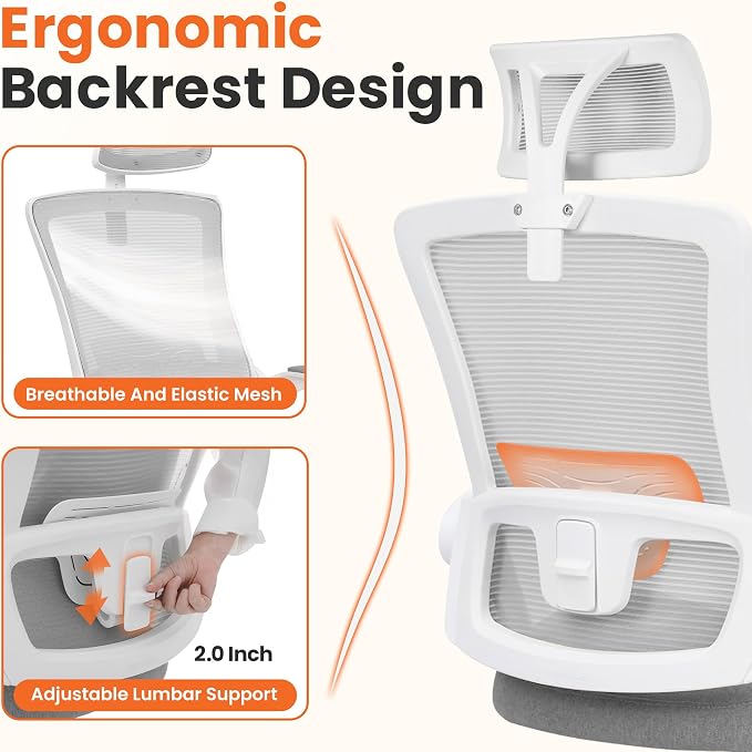 NEO CHAIR Office Desk Chair with Ergonomic High Back Mesh Headrest, Grey | Adjustable Headrest and Lumbar Support with Flip-Up Armrests Designed for Extended Sitting Comfort While Saving Space