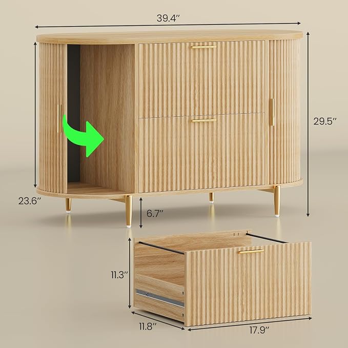 SEDETA Fluted 2 Drawer File Cabinet with 2 Sliding Door for Home Office | 39.4" Filing Cabinet for Home Office,fit Legal/Letter/A4 Siz,Modern File Cabinet with 2 Drawers,Printer Stand,Natural
