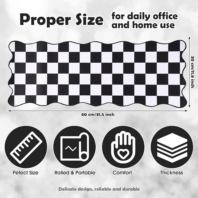 1 Pcs Black Scalloped Checkered Desk Mat 31.5 x 11.8 Inch Large Cute Mouse Pad Computer Mat Non Slip Waterproof Rubber Base with Border Stitching Soft Keyboard Pad for Home Office Gaming Makeup