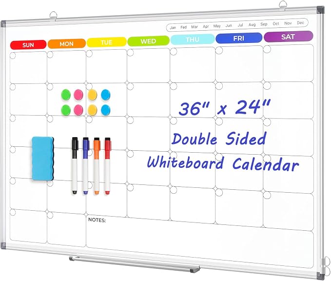 Colorful Dry Erase Calendar Whiteboard for Wall 36x24 Double-Sided Magnetic | Monthly Calendar, 7 Color Design, Wall Mount Hanging, Aluminum Frame, Smooth Dry Erase, Home School Office, Complete Kit