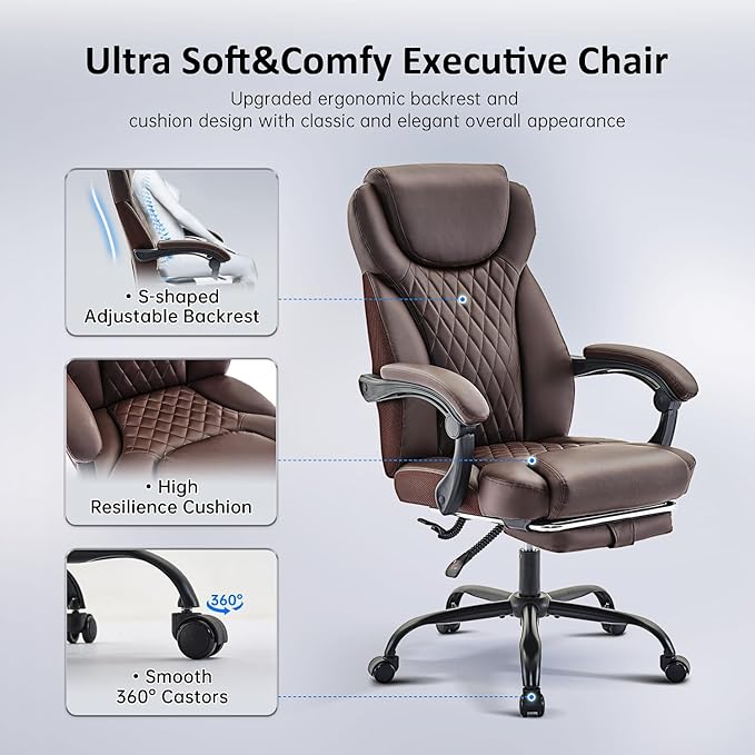 Office Chair, Big and Tall Office Chair with Foot Rest Ergonomic Desk Chairs Reclining High Back Leather Chairs with Lumbar Support(Brown)