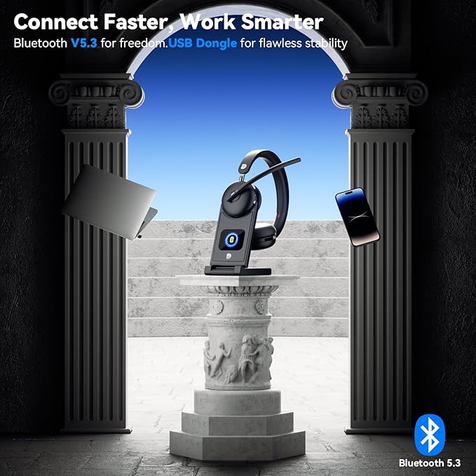 Wireless Headset with Mic for Work-Bluetooth 5.3 Headset with Microphone Noise Cancelling, Wireless Headsets with 65H Battery & 10Min Fast Charge, Smart Charging Dock for PC/Laptop/Team, Black