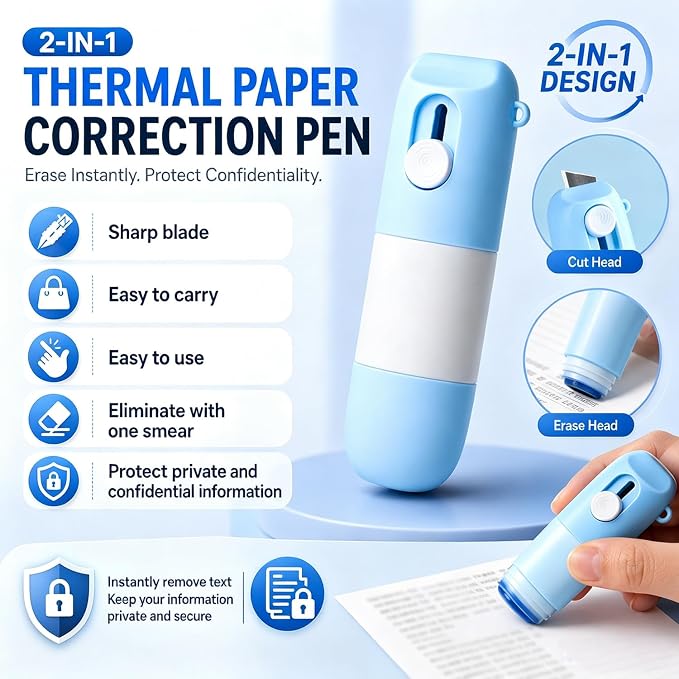 2-in-1 Box Cutter & Thermal Paper Eraser Pen- Water-Based Redacting Marker Pen with Built-In Unboxing Knife for One Smear Printed Text Covering on Labels, Receipts, Packages, Mail (2Pack)