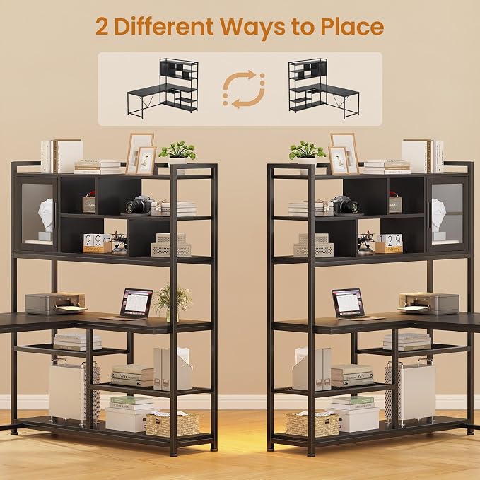 SEDETA L Shaped Computer Desk with Storage Shelves and Bookshelf, Black | 58'' Reversible Office Desk with LED Light, Glass Door Cubby, L Shaped Corner Desk for Gaming, Two Monitors, Small Space