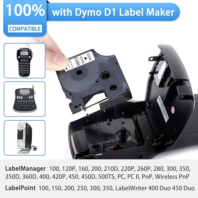 10-Pack Label Maker Tape Compatible with DYMO D1 Label Tape 45013 S0720530 Black on White 1/2 Inch x 23 Feet for Dymo Label Maker Refills LabelManager 160 280 210D 360D 420P PnP 220P 260P 500TS 450DUO