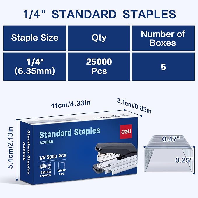 Deli Staples, 25000 Staples, 1/4'' Length, 210/Strip, 5 Boxes of 5000 Each | Standard Staple for Desktop Staplers