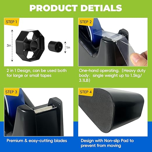 Large Heat Tape Dispenser, Heavy Duty Heat Transfer Tape Dispenser,Painters Tape Dispenser & 10mm x 33M Transparent Blue Heat Tapes Sets Sublimation Tape Holder with Cutter Tape Dispenser