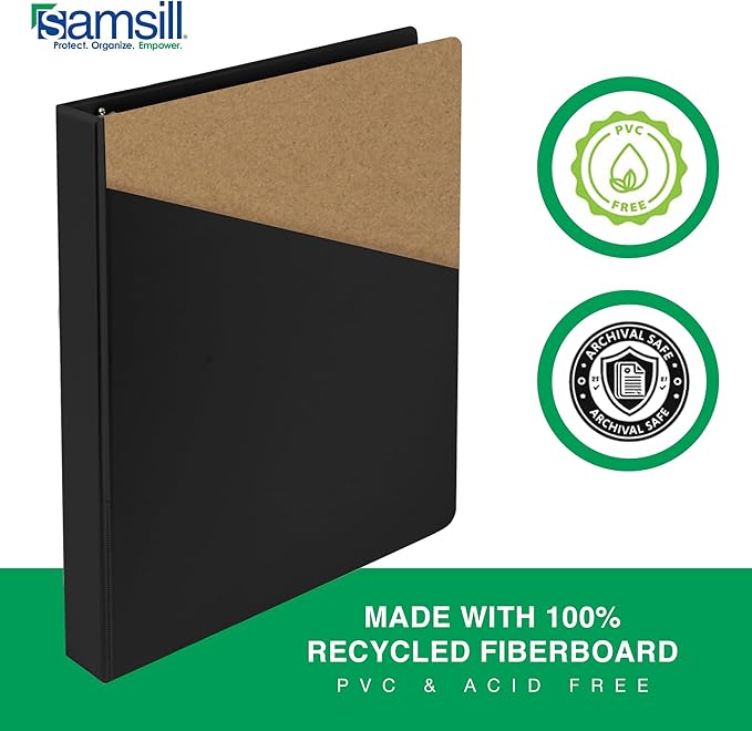 Samsill 2 Inch Document Storage Binder, 100% Recycled Chipboard, Round Ring, 3 Ring Binder, 12 Pack, Black