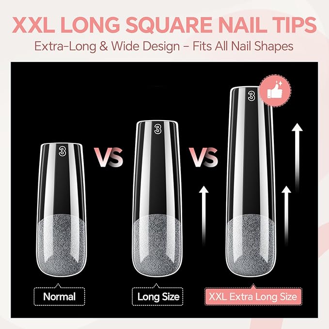 XXL No C Curve Square Flat Nail Tips, 240pcs Extra Long Straight Tapered Acrylic Gel Fake Nails, Matte Full Cover Clear Press on for Extension Manicure Home DIY 12 Sizes Gelly Tips