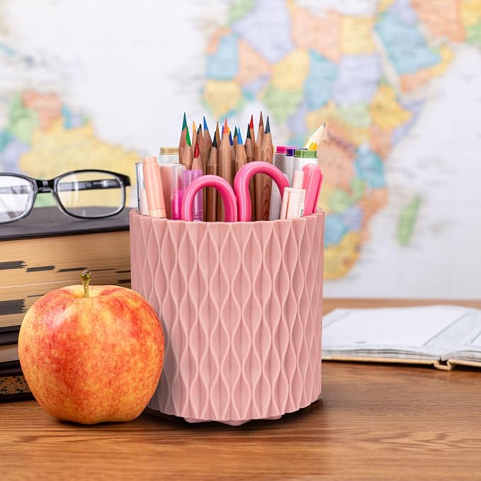 Pencil Holder - 360° Rotation, 5 Slot Desk Supplies For Women Office Aesthetic. Pencil Holder For Office&School, Desk Accessories(Pink)