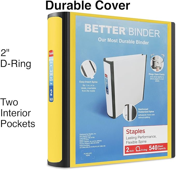 Staples Better Binder 2-Inch 3-Ring Binder, Yellow – Heavy-Duty Binder for School & Office Organization