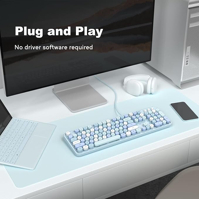 Computer Keyboard Wired, Plug and Play USB Retro Round Typewriter Keyboard, Full Size Wired Keyboard with Foldable Stands for Laptop and Office PC