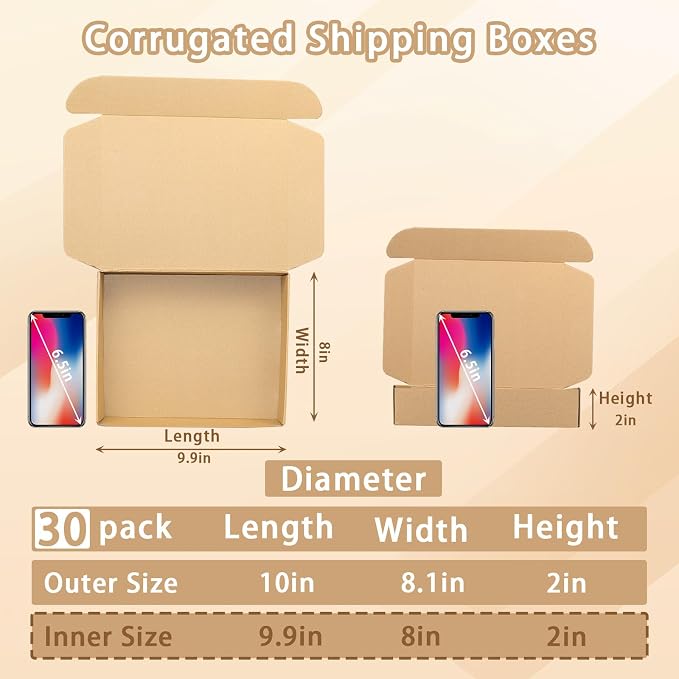 30 Pack 10x8x2 Brown Shipping Boxes Medium, Corrugated Cardboard Boxes for Packaging Small Business