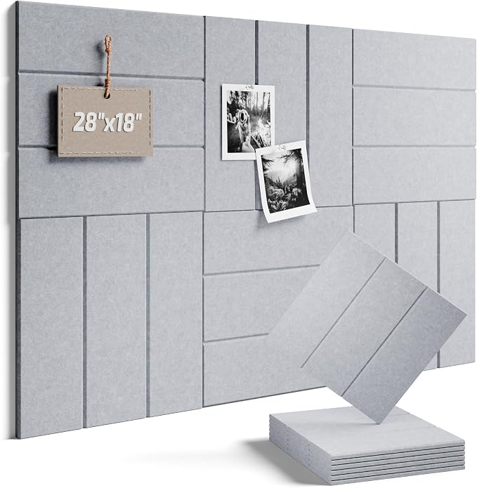 28" x 18" Cork Board Alternative, Wide Stripe, Soft Gray | 6-Pack Felt Pin Board Tiles, 30 Adhesive Tabs, Custom Wall Layout, Photo Display, Memo Board, Office, Classroom, Dorm