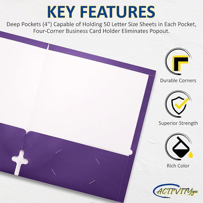 10 Pack Two Pocket Folders, Purple, Strong Thick Paper Folders, for Letter Size, by ACTIVITYya