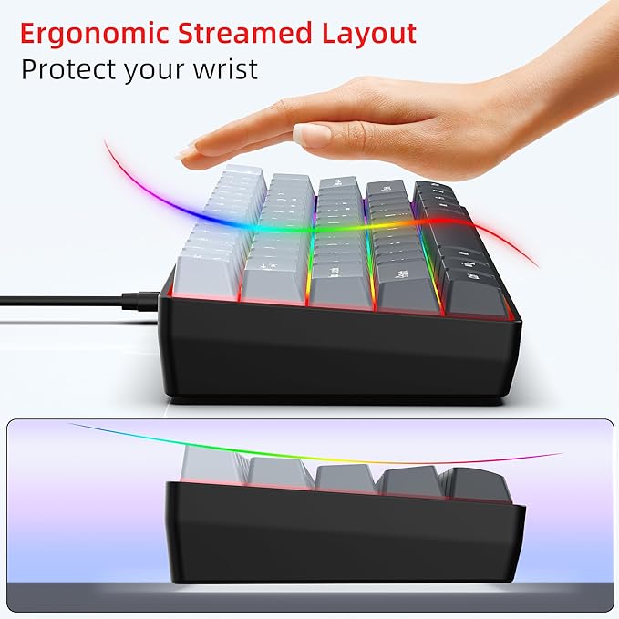 Snpurdiri 60% Wired Gaming Keyboard, 61 Keys RGB Backlit Ultra-Compact Small Gaming Keyboard, for PC/Mac Gamer, Typist, Travel, Easy to Carry on Business Trip (Grey-Black)