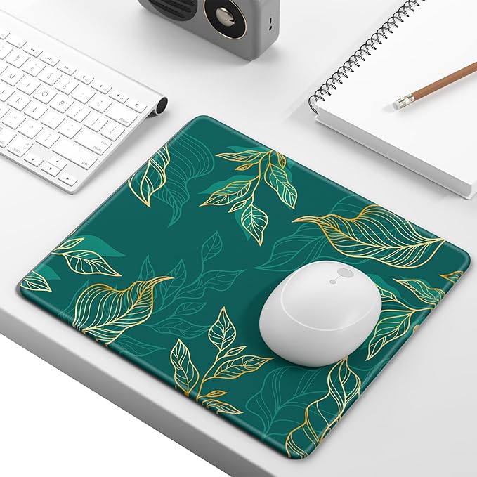 Mouse Pad, Minimalism Marble Style Computer Pad, Anti-Slip Rubber Mouse Mat with Stitched Edges for Gaming, Office, Laptop, PC, Women, 9" x 8" Thick 3 mm, Green Leaves