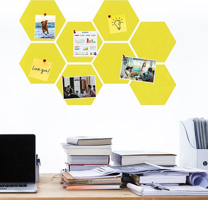 Large Hexagon Felt Cork Board Tiles, Self Adhesive DIY Felt Bulletin Board Pin Board with 35 Pushpins for Office School Home Wall Decor Stickers Memos Photos Display(Yellow)
