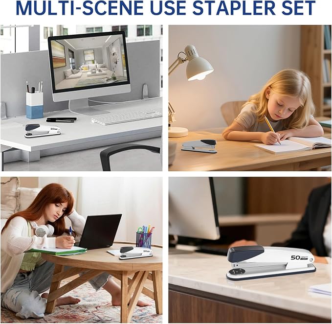 Metal Stapler Heavy Duty - 50 Sheet Capacity with 2000 Pieces 1/4", 5/16" Staples and Staple Remover, No Jam, Non-Slip, Stapler Heavy Duty for Desk, Classroom and Office, White