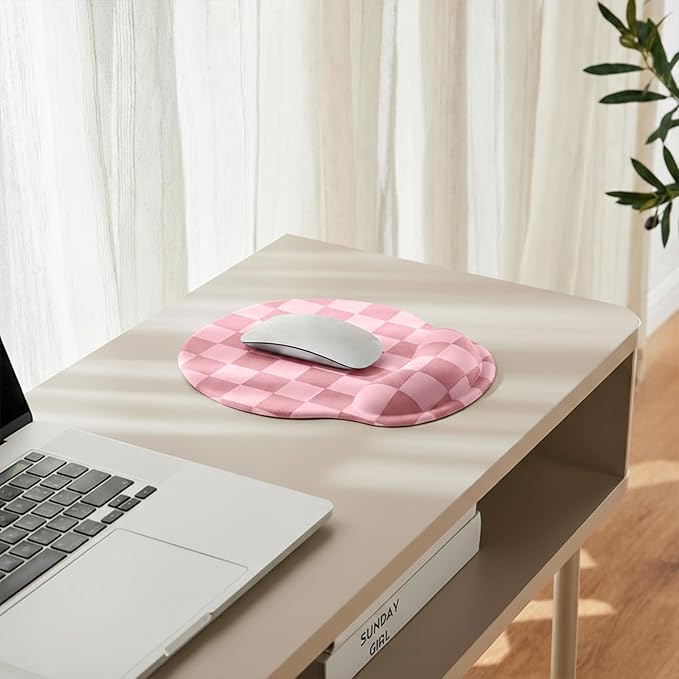 Coral Pink Checkered Mouse Pad with Gel Wrist Rest, Wrist Support, Ergonomic Desk Accessories for Women, Office Laptop Gaming Decor, Cute Aesthetic Check Design